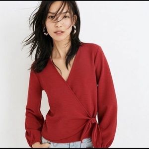 Madewell Texture & Thread Bubble Sleeve Wrap Top in Red XS